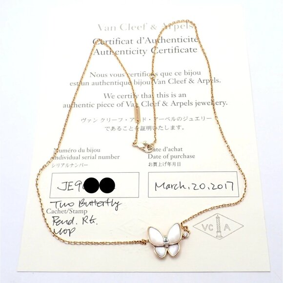 Van Cleef & Arpels 18k Rose Gold Diamond MoP Two Butterfly  Van Cleef & Arpels 18k Rose Gold Diamond MoP Two Butterfly Pendant Necklace Cert
